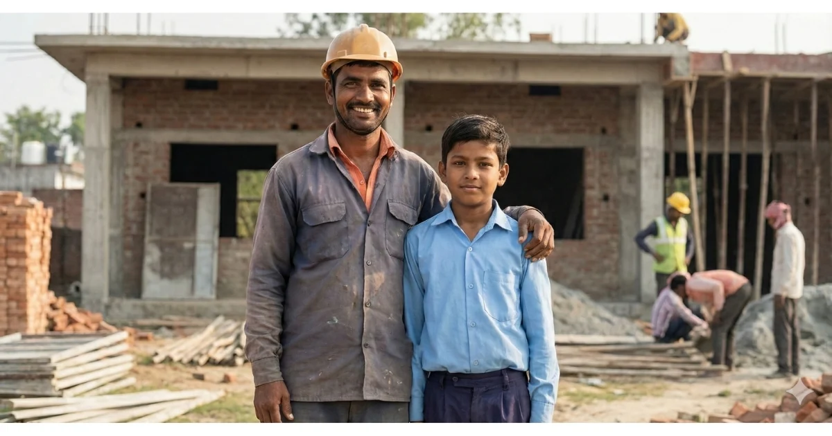 आवासीय विद्यालय योजना - निर्माण श्रमिकों के बच्चों को मुफ्त आवासीय शिक्षा 2 उत्तर प्रदेश में एक खुशहाल निर्माण श्रमिक अपने बेटे के साथ जो सरकारी स्कूल की ड्रेस पहने है
