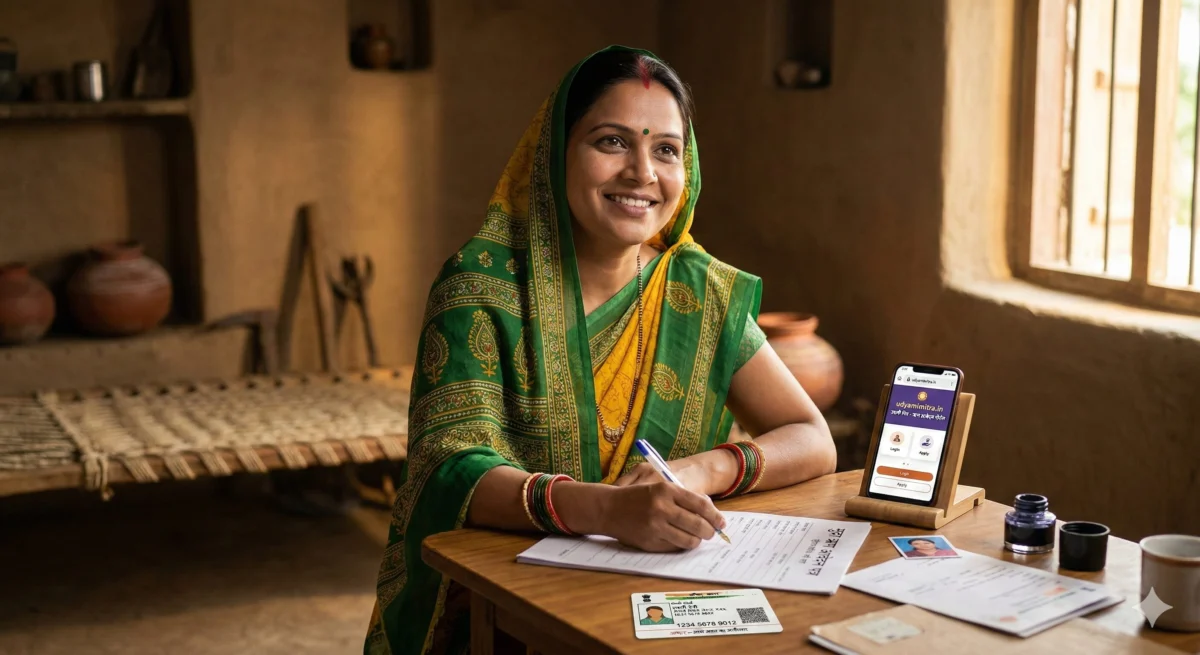 प्रधानमंत्री मुद्रा योजना के तहत गांव वाले ₹10 लाख कैसे लें 4 गांव की महिला उद्यमी मुद्रा योजना का आवेदन फॉर्म भर रही है