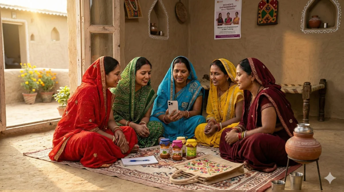 स्व-सहायता समूह Meesho पर उत्पाद कैसे बेचें? Registration से पहले Order तक पूरी जानकारी 5 Self help group women learning Meesho online selling together in village