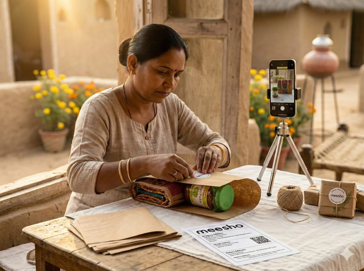 स्व-सहायता समूह Meesho पर उत्पाद कैसे बेचें? Registration से पहले Order तक पूरी जानकारी 4 SHG woman packing handmade product with Meesho shipping label