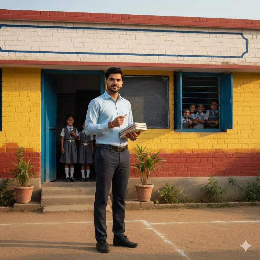 यूपी में 2026 में कौन सी भर्ती निकली है? 4 यूपी सरकारी शिक्षक भर्ती 2026 के अंतर्गत विद्यालय परिसर में छात्रों के साथ शिक्षक