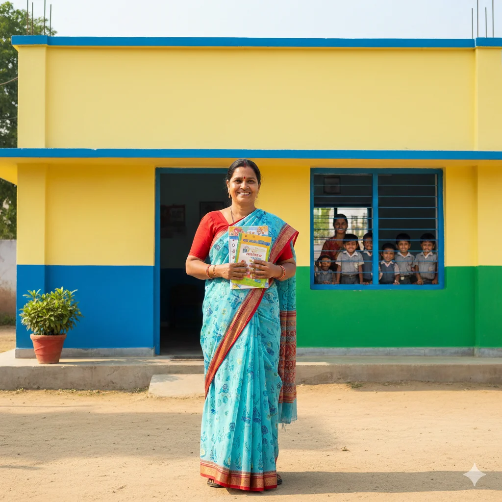 यूपी में 2026 में कौन सी भर्ती निकली है? 8 उत्तर प्रदेश आंगनवाड़ी भर्ती 2026 के तहत स्कूल परिसर में बच्चों के साथ खड़ी आंगनवाड़ी कार्यकर्ता