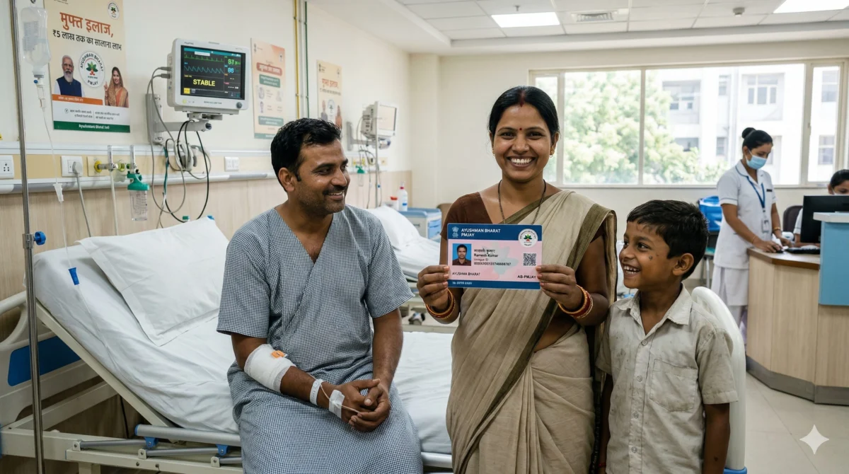A smiling Indian man in a checkered hospital gown sits on a bed in a modern ward, alongside his smiling wife who holds up an AB-PMJAY card, and their laughing son. In the background, a nurse works at a desk under a poster featuring PM Narendra Modi promoting free medical treatment.