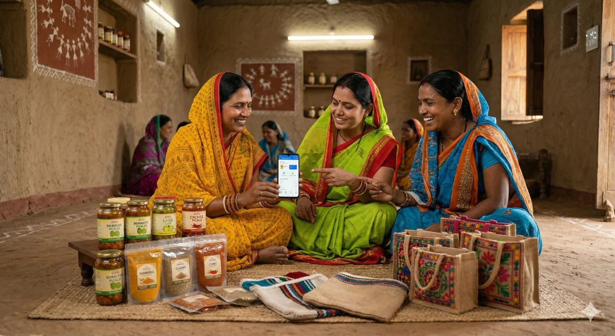 तीन ग्रामीण महिलाएं समुदाय भवन में बैठकर Flipkart ऐप देखती हुईं, सामने अचार की बोतलें और जूट के थैले रखे हैं