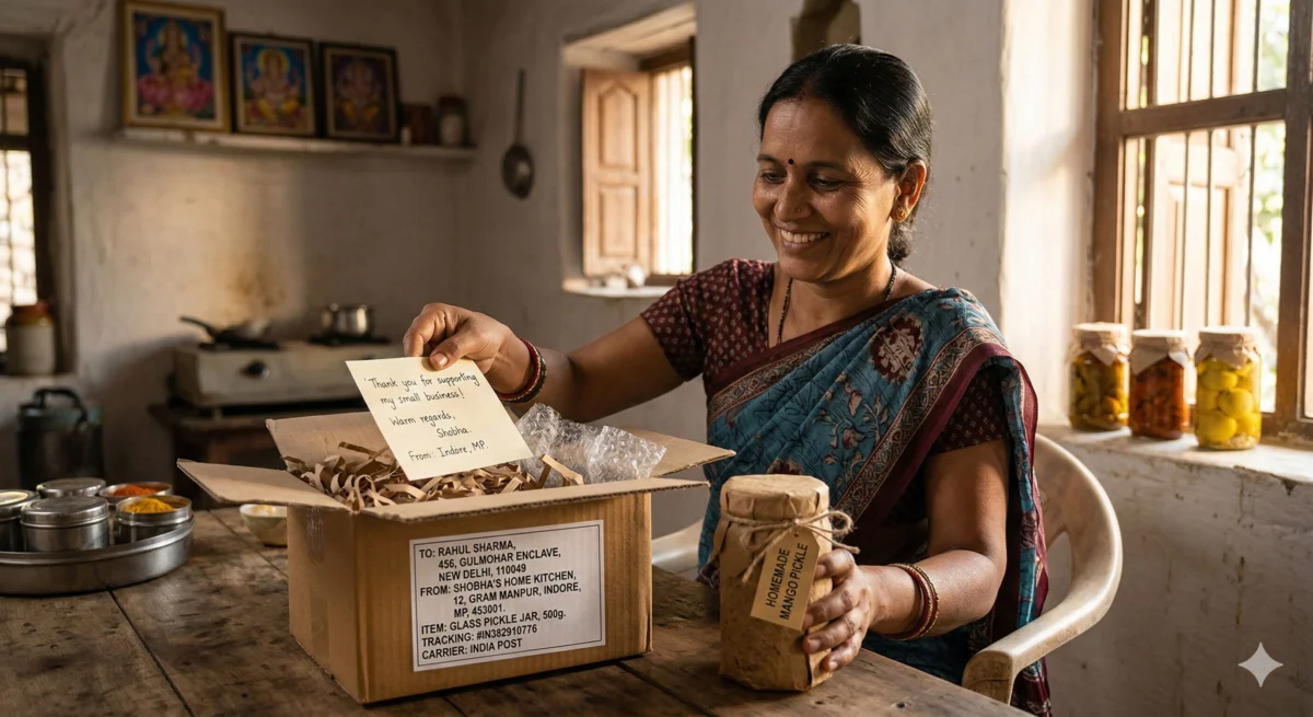 ग्रामीण महिला हाथ से बने उत्पाद को डिब्बे में पैक करती हुई, साथ में हस्तलिखित धन्यवाद चिट्ठी और Amazon का डिलीवरी लेबल
