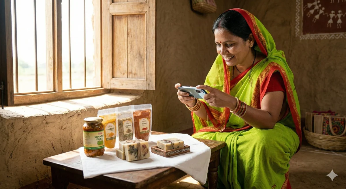 ग्रामीण महिला खिड़की की प्राकृतिक रोशनी में सफेद कपड़े पर रखे अचार की बोतल और मसालों की फोटो स्मार्टफोन से खींचती हुई