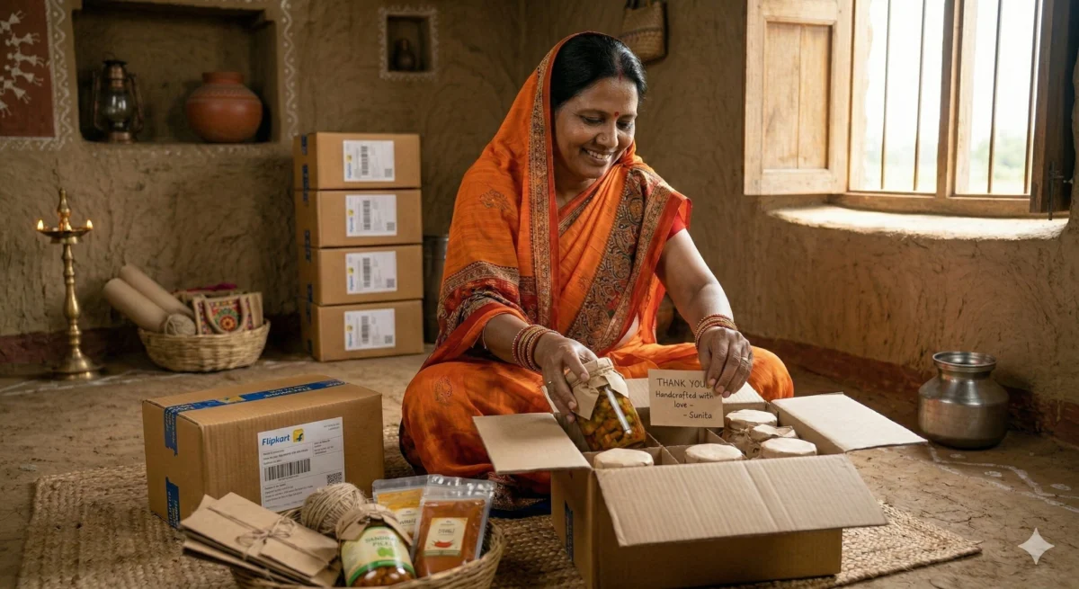 ग्रामीण महिला हाथ से बने अचार की बोतल को डिब्बे में पैक करती हुई, अंदर हस्तलिखित धन्यवाद चिट्ठी रख रही है, Flipkart का डिलीवरी लेबल डिब्बे पर लगा है