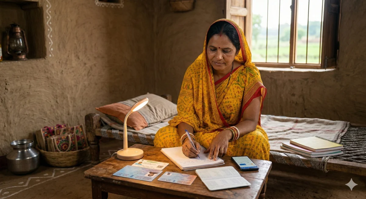 ग्रामीण महिला चारपाई पर बैठकर आधार कार्ड, PAN कार्ड और बैंक पासबुक सामने रखकर नोटबुक में लिखती हुई