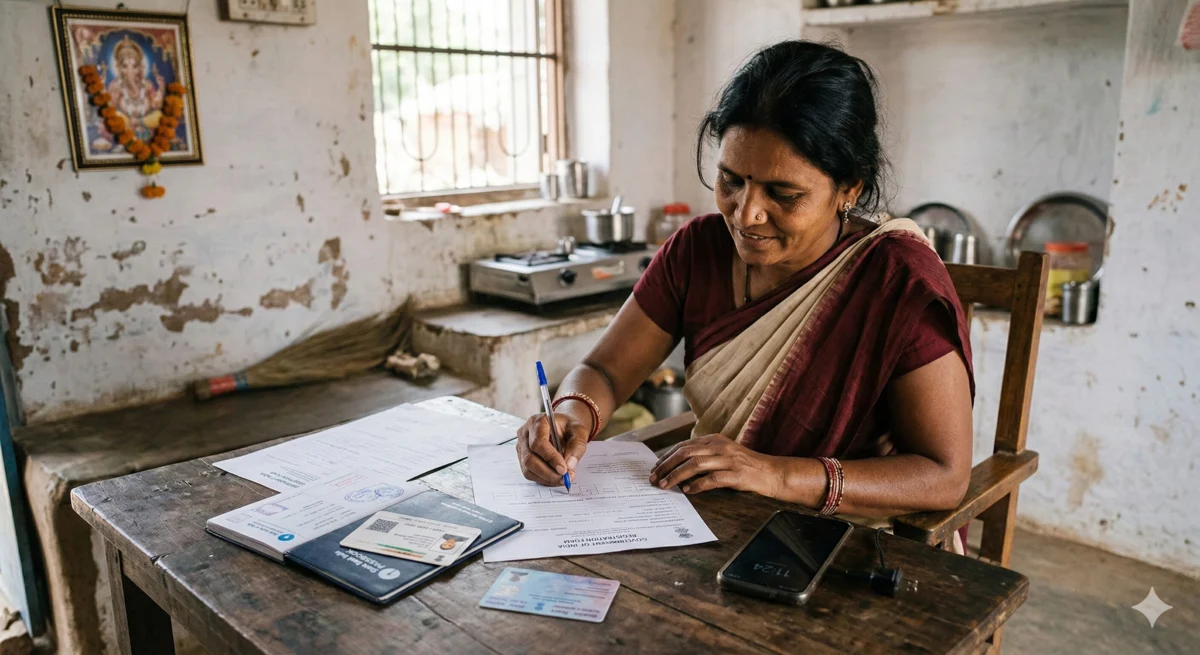 ग्रामीण महिला मेज पर आधार कार्ड, PAN कार्ड और बैंक पासबुक रखकर जीएसटी फॉर्म भरती हुई