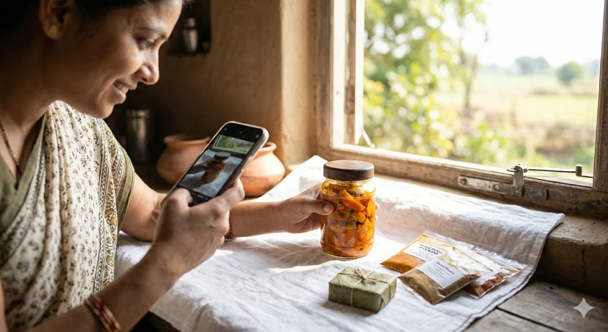 ग्रामीण महिला सफेद कपड़े पर रखे आम के अचार की बोतल की फोटो स्मार्टफोन से खींचती हुई, खिड़की से प्राकृतिक रोशनी आ रही है