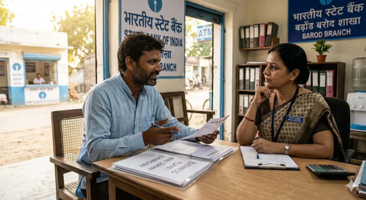 बैंक मैनेजर के सामने दस्तावेज़ और बिज़नेस प्लान पेश करता मुद्रा लोन आवेदक