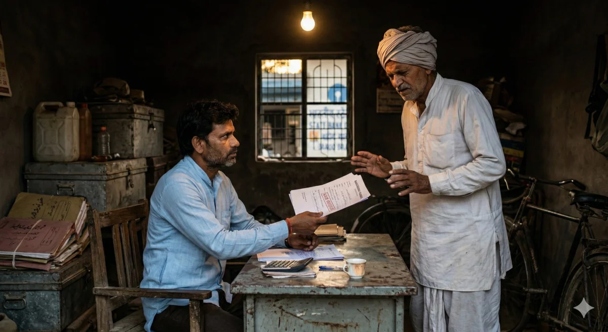 संदिग्ध लोन एजेंट के सामने असमंजस में खड़ा भारतीय किसान