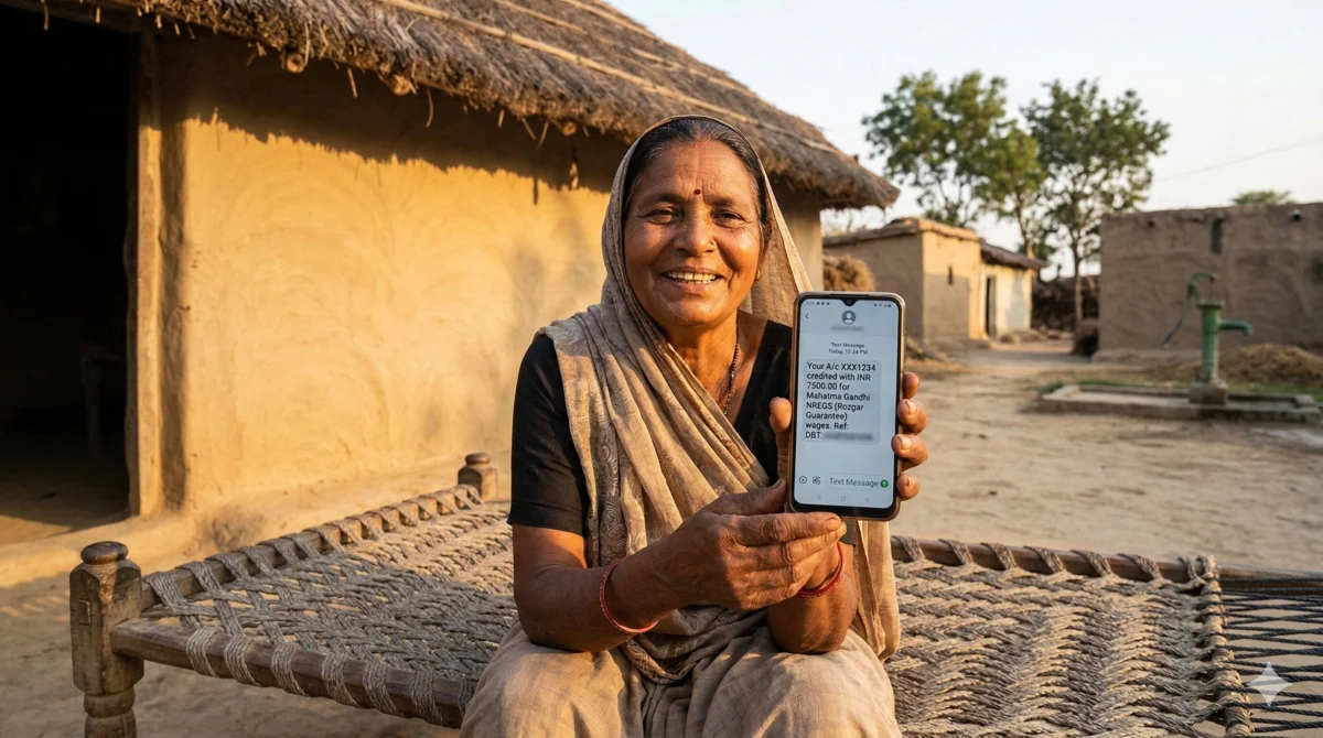 Ji RAM Ji Yojana Kya Hai 5 जी राम जी योजना में DBT के माध्यम से मजदूरी सीधे बैंक खाते में प्राप्त करती ग्रामीण महिला