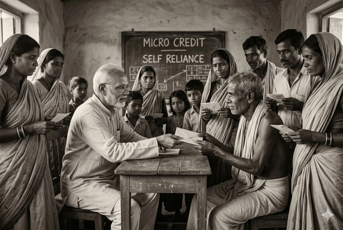 माइक्रो फाइनेंस क्या है और PM SVANidhi Yojana से इसका क्या संबंध है? 2 ग्रामीण बैंक माइक्रो क्रेडिट अवधारणा दर्शाता गरीब लोगों को छोटे लोन बांटता अर्थशास्त्री