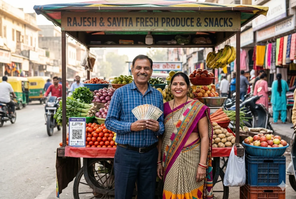पीएम स्वनिधि योजना लोन के बाद अपग्रेड किए गए फूड और सब्जी स्टॉल के सामने खुश भारतीय स्ट्रीट वेंडर दंपति