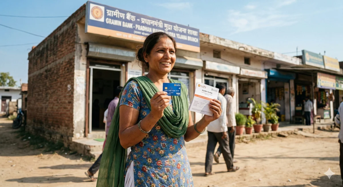 मुद्रा कार्ड और पासबुक लेकर खुश महिला उद्यमी बैंक के बाहर खड़ी है