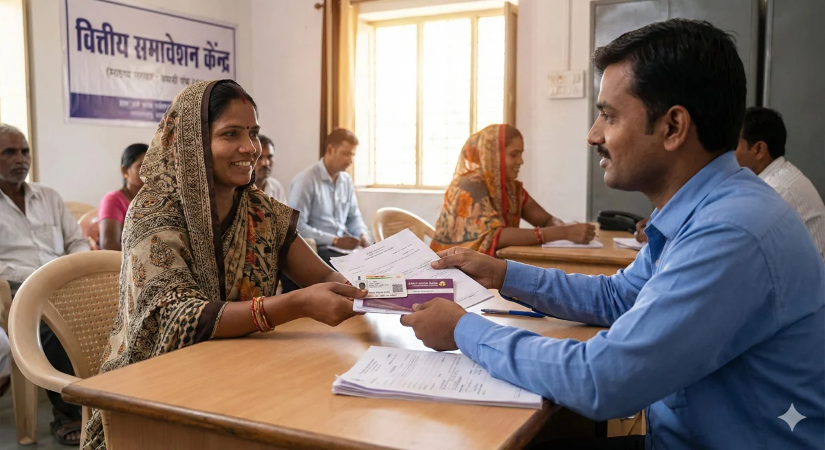 मुद्रा लोन के लिए बैंक में आधार कार्ड और दस्तावेज़ जमा करती ग्रामीण महिला