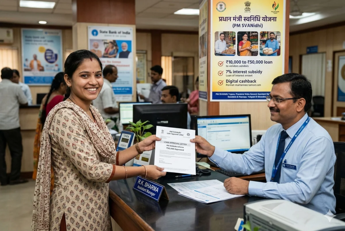 बैंक अधिकारी से पीएम स्वनिधि योजना ₹50,000 लोन अप्रूवल लेटर लेती भारतीय महिला स्ट्रीट वेंडर