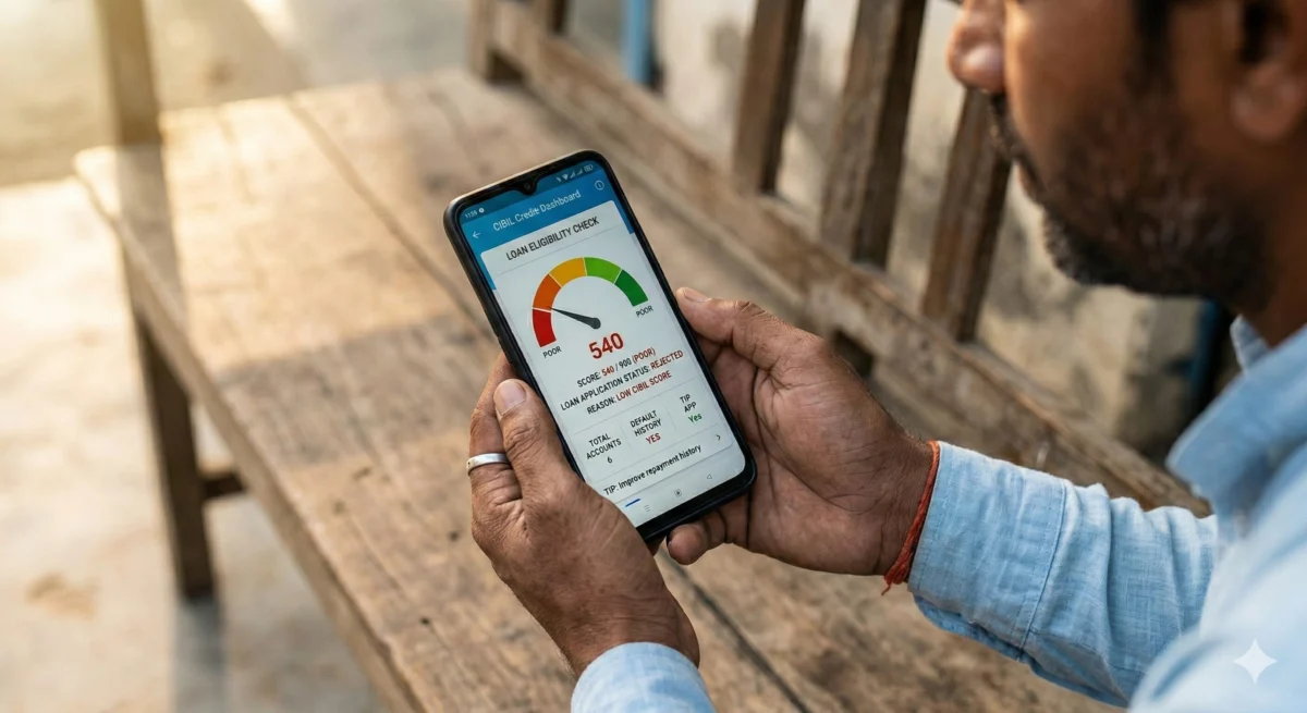 भारतीय व्यक्ति स्मार्टफोन पर अपना कम CIBIL Score चेक करता हुआ