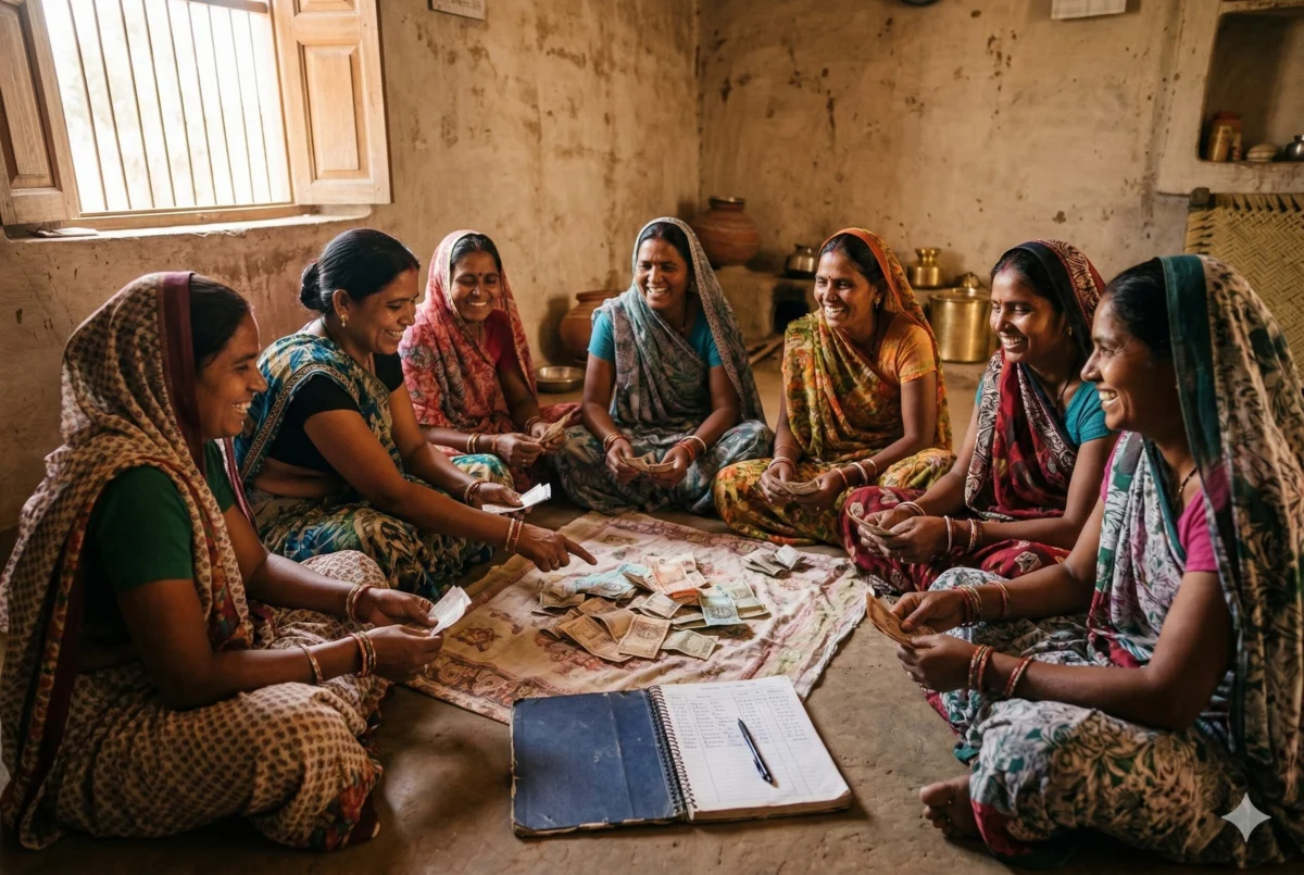 माइक्रो फाइनेंस क्या है और PM SVANidhi Yojana से इसका क्या संबंध है? 3 स्वयं सहायता समूह की भारतीय महिलाएं मिलकर बचत और माइक्रो फाइनेंस का प्रबंधन करती हुईं