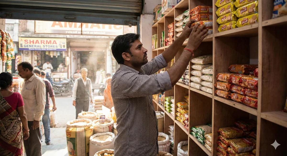 किशोर मुद्रा लोन से किराना दुकान का सामान बढ़ाता हुआ भारतीय दुकानदार