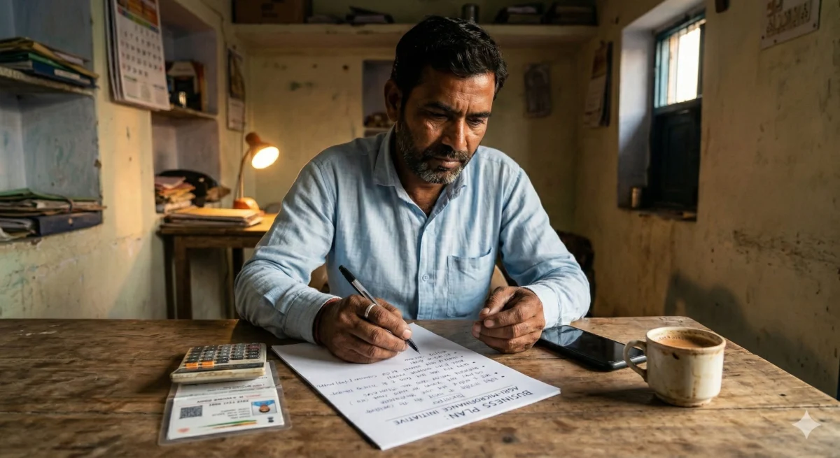 घर पर मेज़ के सामने बैठा व्यक्ति मुद्रा लोन के लिए बिज़नेस प्लान लिखता हुआ