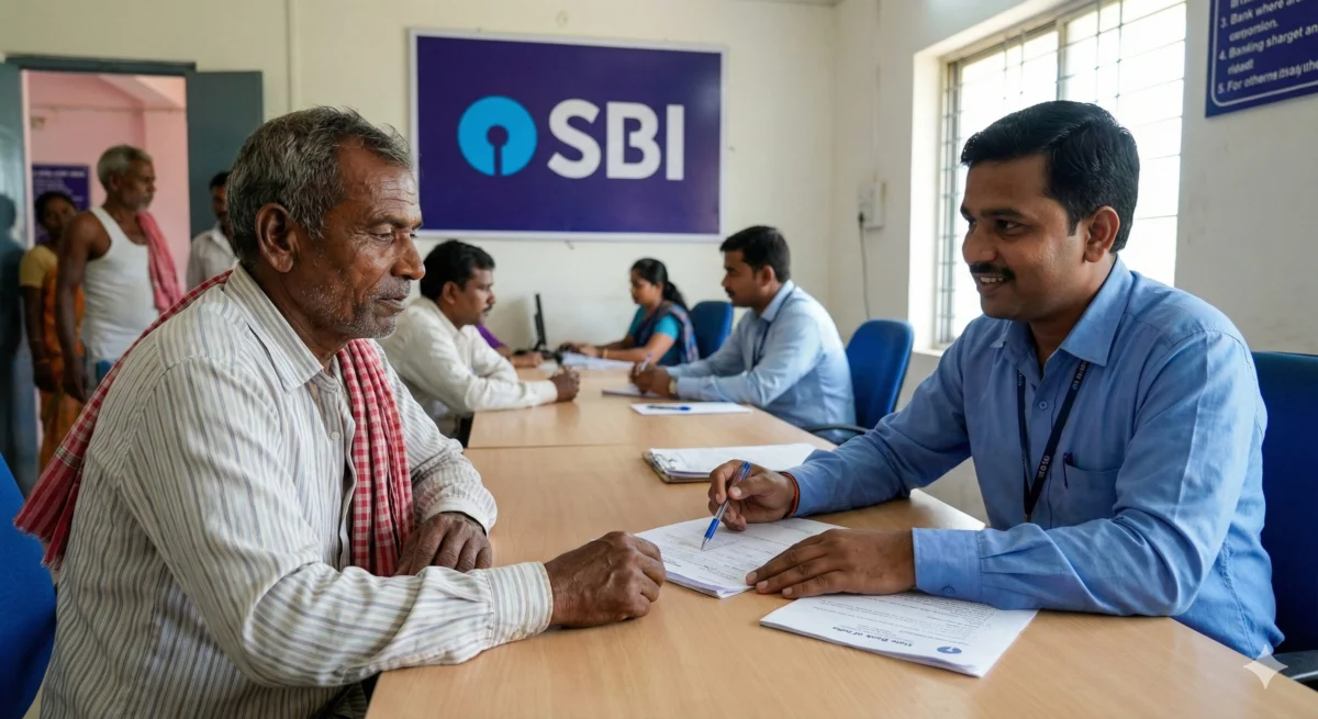 ग्रामीण व्यक्ति SBI शाखा में मुद्रा लोन आवेदन के लिए बैंक अधिकारी से चर्चा करते हुए