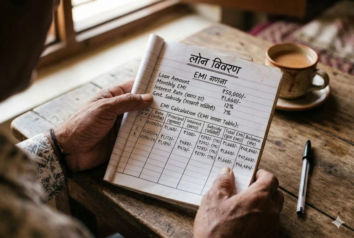 पीएम स्वनिधि योजना ₹50,000 लोन की EMI कैलकुलेशन नोटबुक में लिखी ब्याज दर और सरकारी सब्सिडी की जानकारी