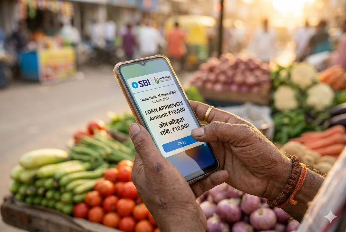 पीएम स्वनिधि योजना लोन अप्रूवल मोबाइल पर दिखाता स्ट्रीट वेंडर