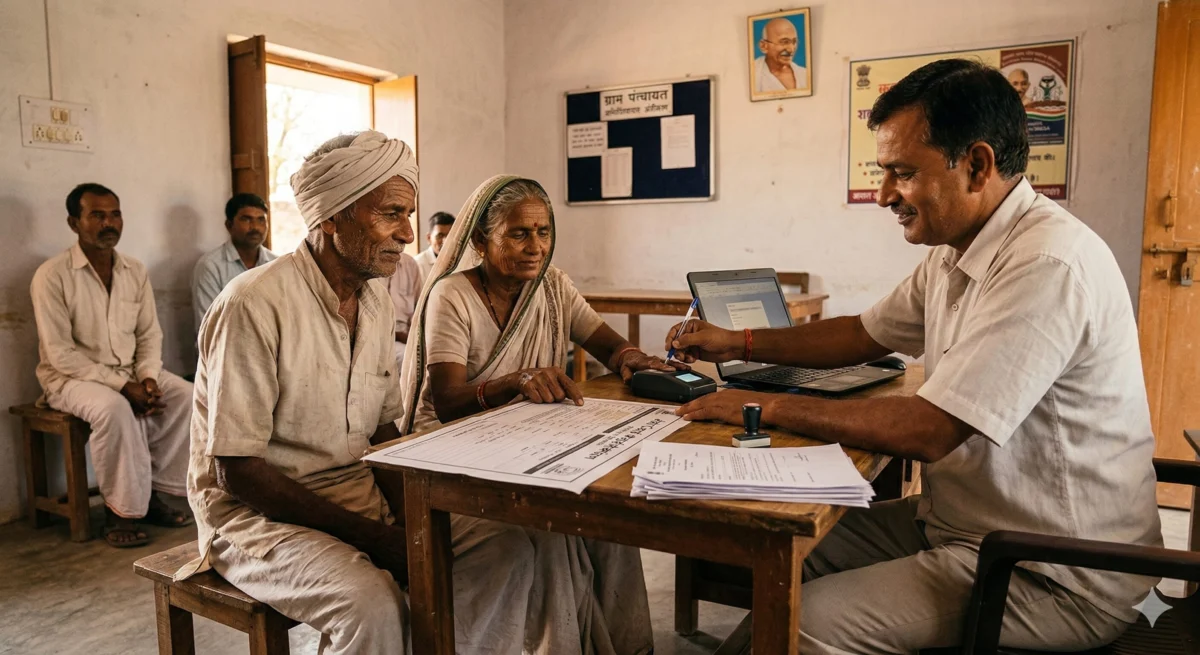  ग्राम पंचायत कार्यालय में ग्रामीण बुजुर्ग दंपति ग्रामीण रोजगार गारंटी कार्ड के लिए पंजीकरण कराते हुए