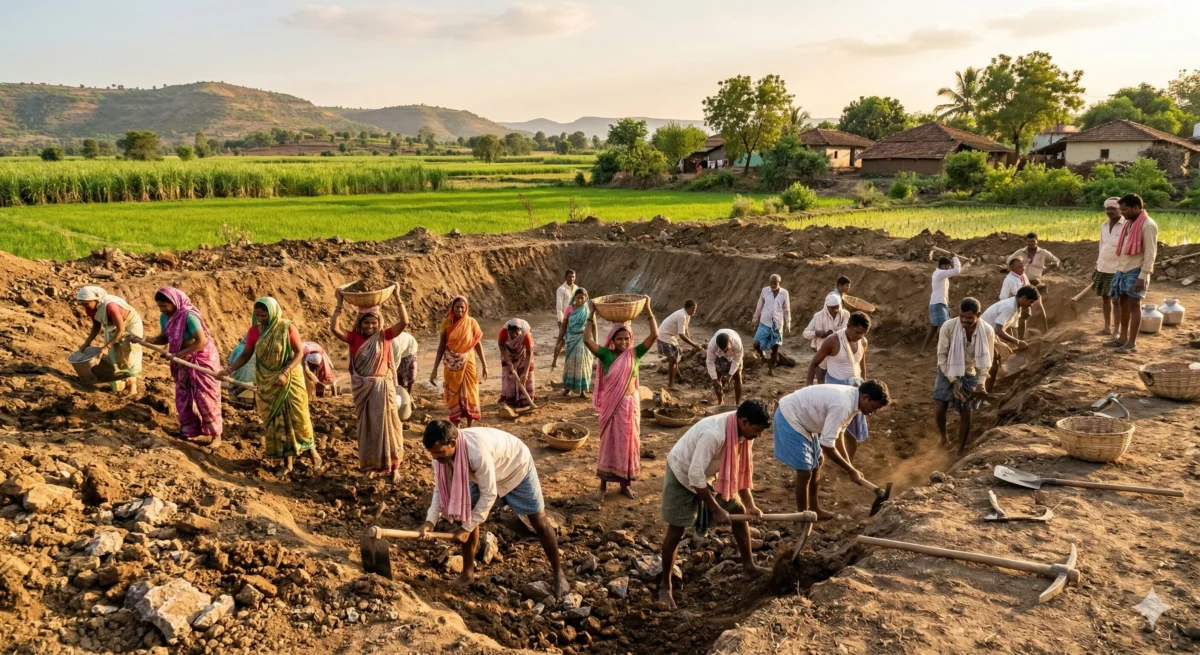 जी राम जी योजना के 125 दिन के रोजगार के तहत ग्रामीण मजदूर तालाब और जल संरक्षण संरचना का निर्माण करते हुए