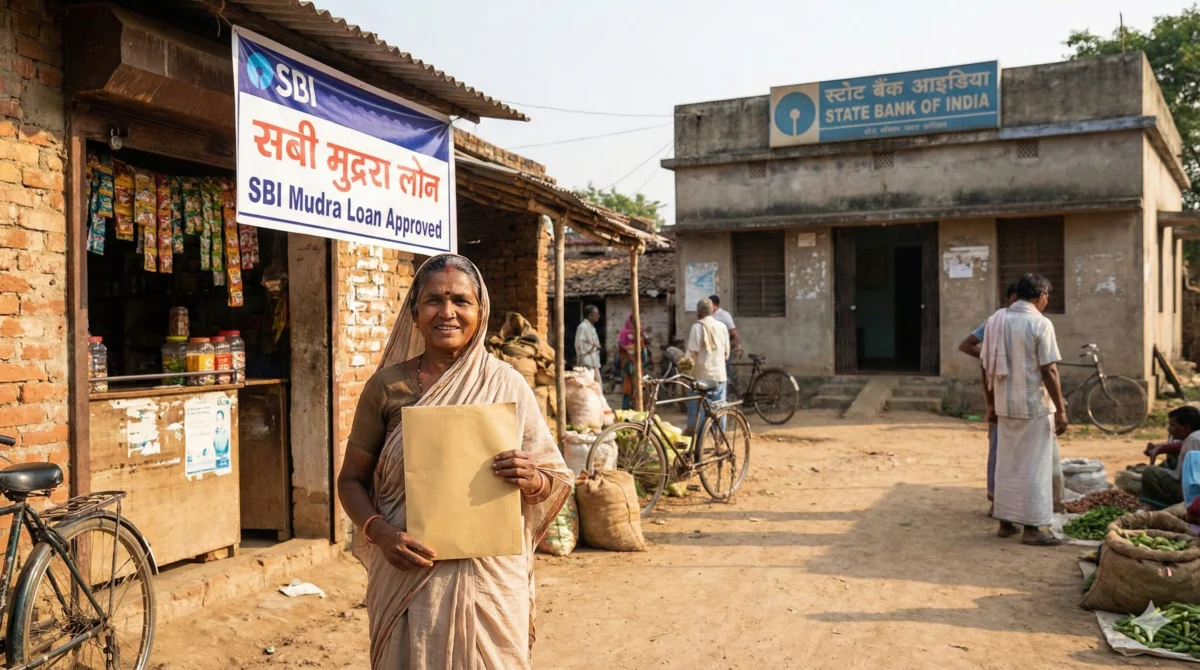 ग्रामीण किराना दुकानदार को State Bank of India से SBI मुद्रा लोन स्वीकृत होने के बाद अपनी दुकान के सामने खड़ा दिखाते हुए – SBI Mudra Loan 2026