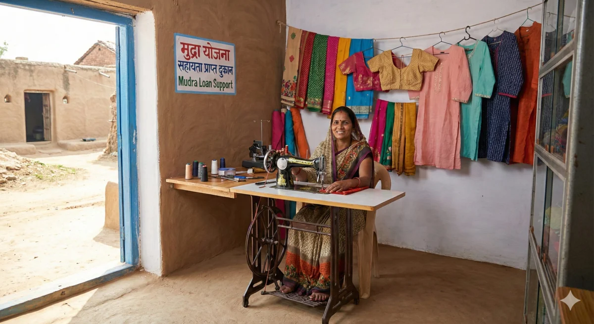 गांव की महिला उद्यमी सिलाई दुकान चलाते हुए – SBI शिशु मुद्रा लोन से शुरू किया गया व्यवसाय