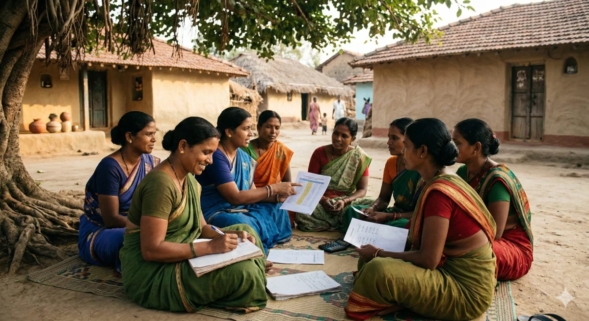 स्वयं सहायता समूह की महिलाएं मुद्रा लोन के लिए बिज़नेस प्लान पर चर्चा करती हुई