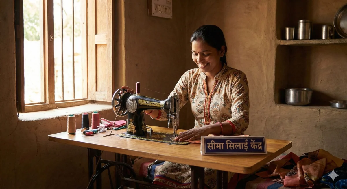 शिशु मुद्रा लोन से घर पर सिलाई का काम शुरू करती ग्रामीण महिला