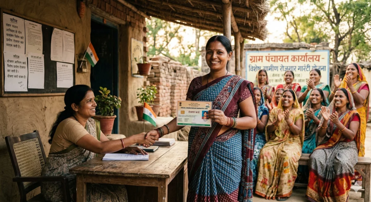 जी राम जी योजना के तहत अकेली ग्रामीण महिला को स्पेशल ग्रामीण रोजगार गारंटी कार्ड मिलते हुए