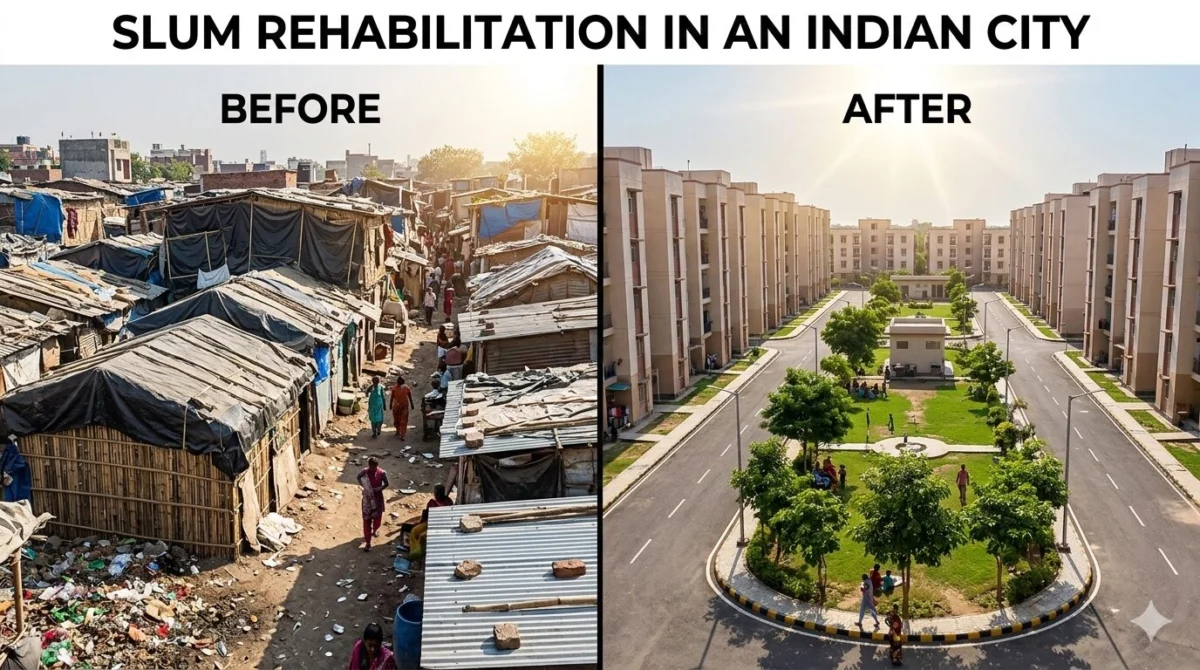 झुग्गी बस्ती से प्रधानमंत्री आवास योजना के तहत बनी पक्की कॉलोनी की तुलना