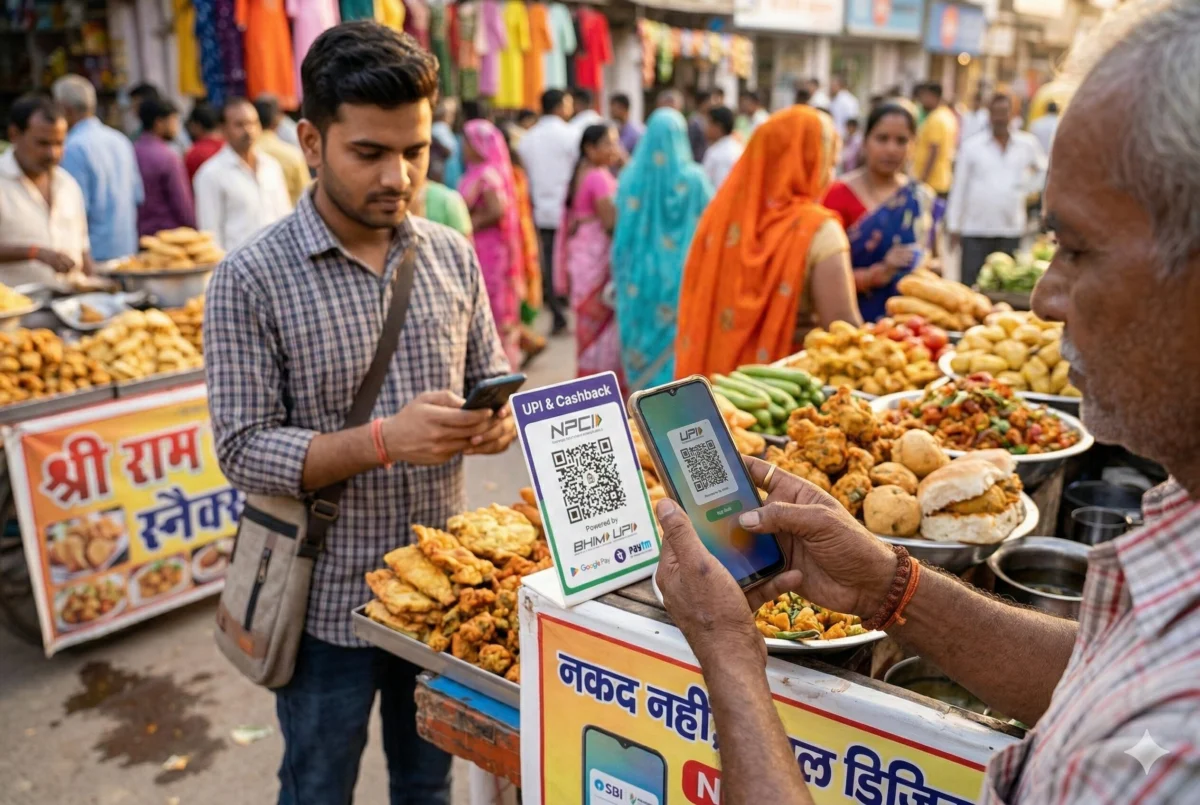 पीएम स्वनिधि योजना में UPI QR कोड से डिजिटल पेमेंट लेता स्ट्रीट वेंडर