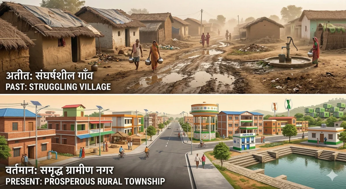 Ji RAM Ji Yojana Kya Hai 2 विकसित भारत 2047 के तहत गांव का कायाकल्प दर्शाता चित्र