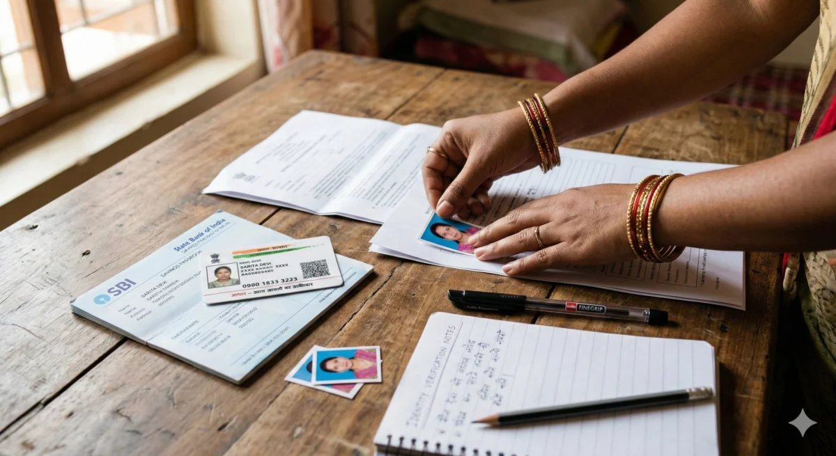 मुद्रा लोन आवेदन के लिए आधार कार्ड और बैंक पासबुक तैयार करती महिला