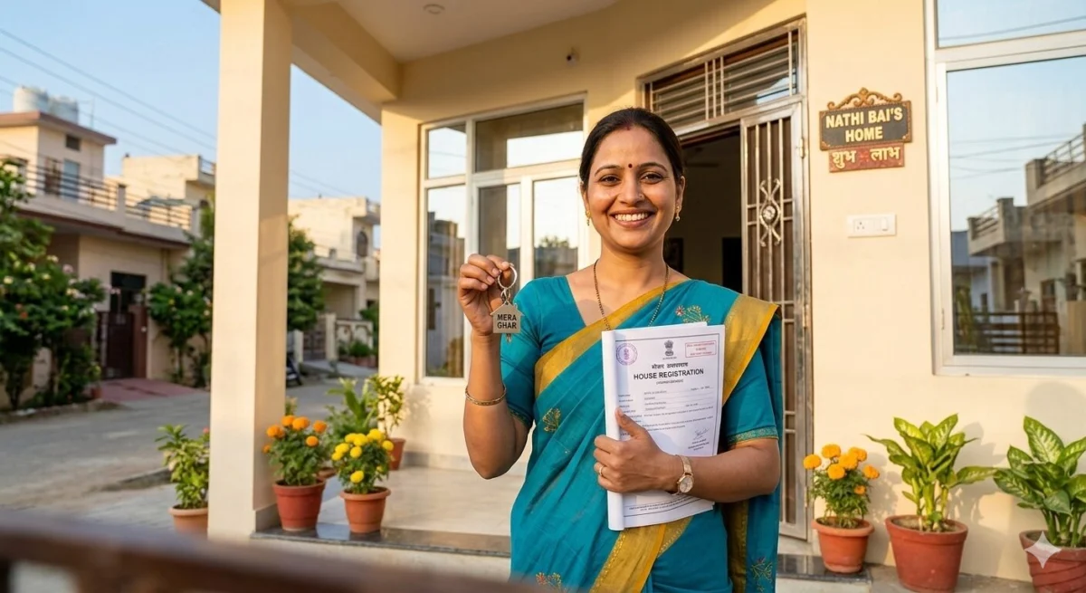 भारतीय महिला घर के स्वामित्व दस्तावेज के साथ नए पक्के घर के सामने खड़ी है